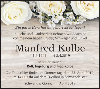 Traueranzeige von Manfred Kolbe von Super Sonntag SGH Mansf. Land