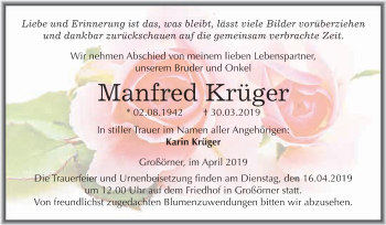Traueranzeige von Manfred Krüger von Wochenspiegel Mansfelder Land