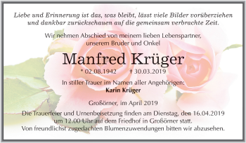 Traueranzeige von Manfred Krüger von Mitteldeutsche Zeitung Aschersleben