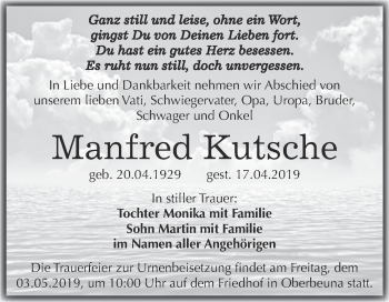 Traueranzeige von Manfred Kutsche von WVG - Wochenspiegel Merseburg