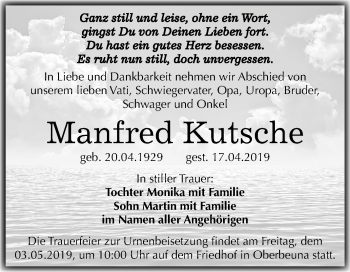 Traueranzeige von Manfred Kutsche von Mitteldeutsche Zeitung