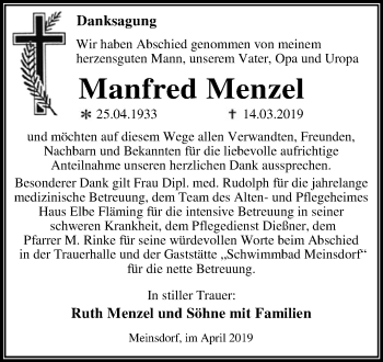 Traueranzeige von Manfred Menzel von WVG - Wochenspiegel Dessau / Köthen