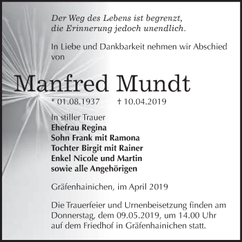 Traueranzeige von Manfred Mundt von WVG - Wochenspiegel Wittenberg