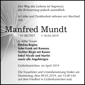 Traueranzeige von Manfred Mundt von Mitteldeutsche Zeitung