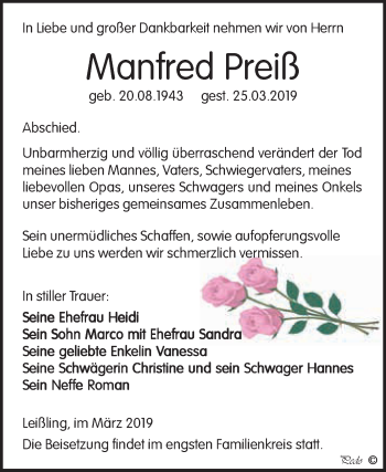 Traueranzeige von Manfred Preiß von WVG - Wochenspiegel NMB / WSF / ZTZ
