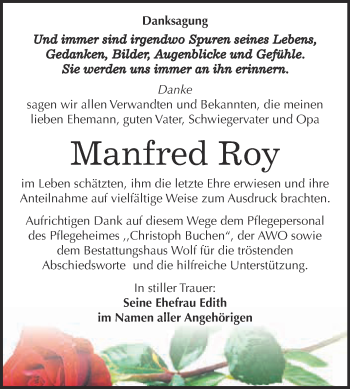 Traueranzeige von Manfred Roy von WVG - Wochenspiegel NMB / WSF / ZTZ