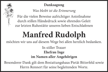 Traueranzeige von Manfred Rudolph von WVG - Wochenspiegel Bitterfeld