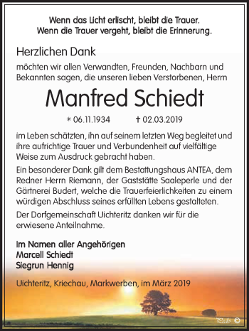 Traueranzeige von Manfred Schiedt von WVG - Wochenspiegel NMB / WSF / ZTZ