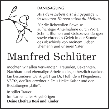 Traueranzeige von Manfred Schlüter von WVG - Wochenspiegel Dessau / Köthen