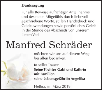 Traueranzeige von Manfred Schräder von Wochenspiegel Mansfelder Land