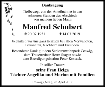 Traueranzeige von Manfred Schubert von WVG - Wochenspiegel Dessau / Köthen