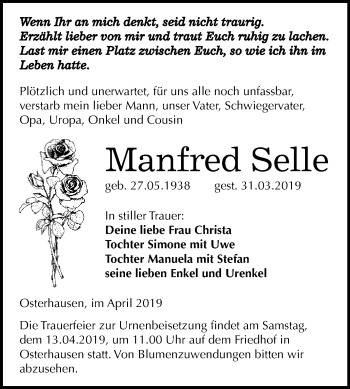 Traueranzeige von Manfred Selle von Wochenspiegel Mansfelder Land