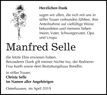 Traueranzeige von Manfred Selle von Super Sonntag SGH Mansf. Land