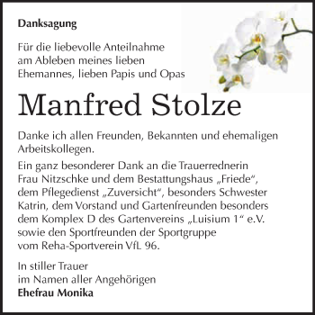Traueranzeige von Manfred Stolze von WVG - Wochenspiegel Dessau / Köthen