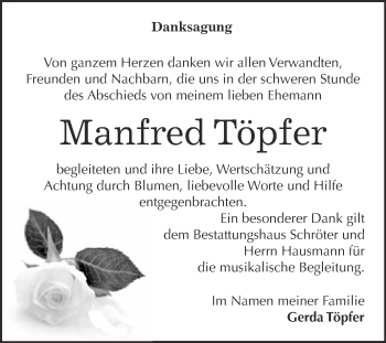 Traueranzeige von Manfred Töpfer von WVG - Wochenspiegel Bitterfeld