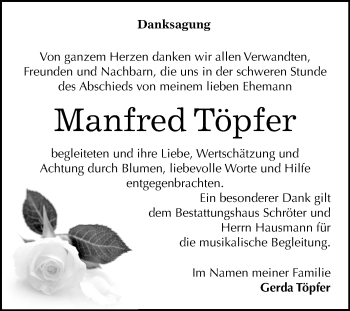 Traueranzeige von Manfred Töpfer von Mitteldeutsche Zeitung