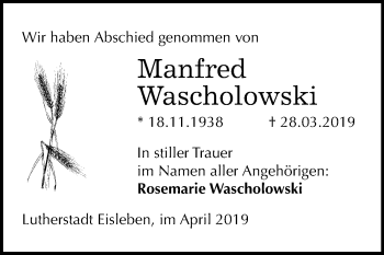 Traueranzeige von Manfred Wascholowski von Mitteldeutsche Zeitung Mansfelder Land