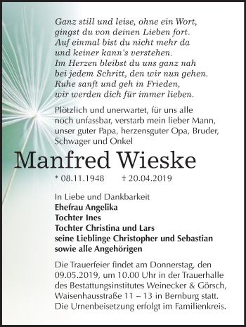 Traueranzeige von Manfred Wieske von Mitteldeutsche Zeitung