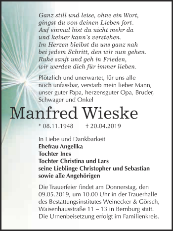 Traueranzeige von Manfred Wieske von Super Sonntag Bernburg