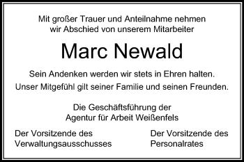 Traueranzeige von Marc Newald von Mitteldeutsche Zeitung Merseburg/Querfurt