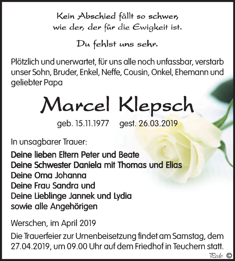  Traueranzeige für Marcel Klepsch vom 20.04.2019 aus Mitteldeutsche Zeitung Weißenfels