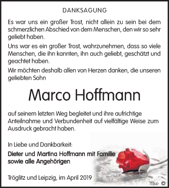 Traueranzeige von Marco Hoffmann von WVG - Wochenspiegel NMB / WSF / ZTZ