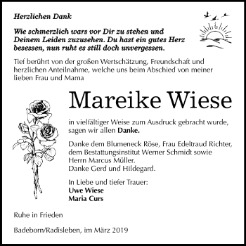 Traueranzeige von Mareike Wiese von Super Sonntag Aschersleben