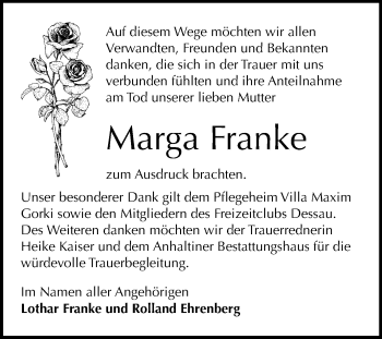 Traueranzeige von Marga Franke von Mitteldeutsche Zeitung Dessau-Roßlau