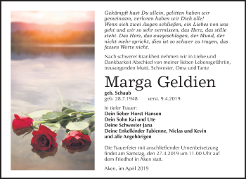 Traueranzeige von Marga Geldien von Mitteldeutsche Zeitung Köthen
