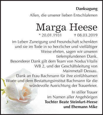 Traueranzeige von Marga Heese von Mitteldeutsche Zeitung Dessau-Roßlau