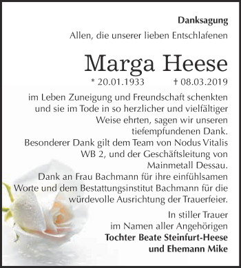 Traueranzeige von Marga Heese von WVG - Wochenspiegel Dessau / Köthen