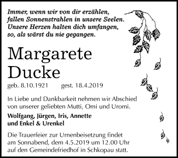 Traueranzeige von Margarete Ducke von Mitteldeutsche Zeitung
