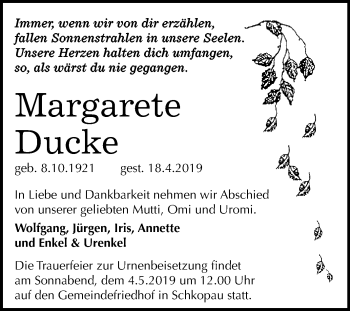 Traueranzeige von Margarete Ducke von WVG - Wochenspiegel Merseburg