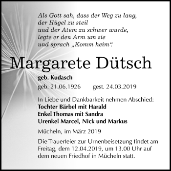 Traueranzeige von Margarete Dütsch von Mitteldeutsche Zeitung Merseburg/Querfurt