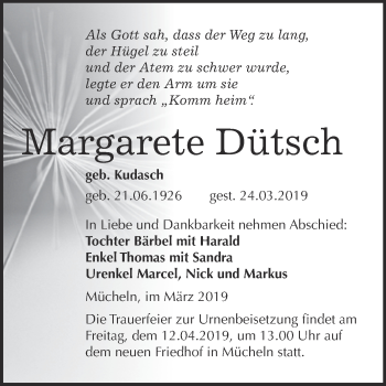 Traueranzeige von Margarete Dütsch von WVG - Wochenspiegel Merseburg