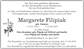 Traueranzeige von Margarete Filipiak von Wochenspiegel Mansfelder Land