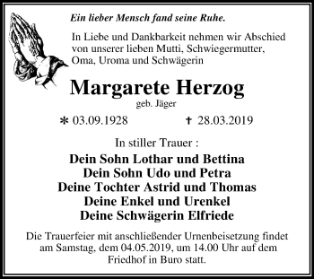 Traueranzeige von Margarete Herzog von Mitteldeutsche Zeitung Wittenberg