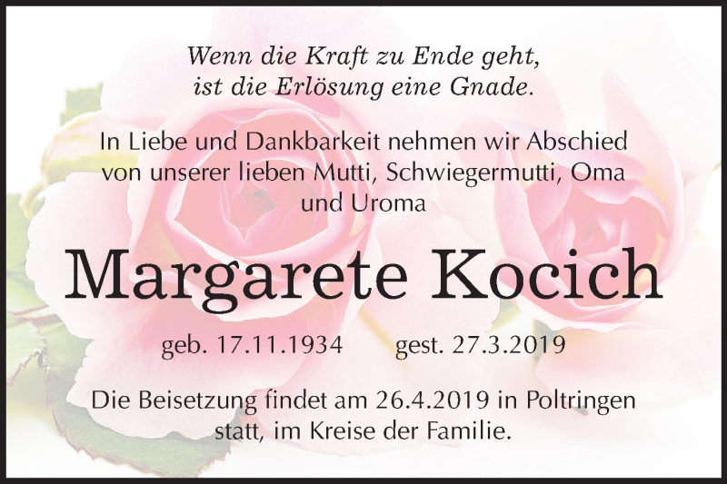  Traueranzeige für Margarete Kocich vom 13.04.2019 aus Mitteldeutsche Zeitung Halle/Saalkreis