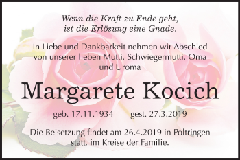 Traueranzeige von Margarete Kocich von Mitteldeutsche Zeitung Halle/Saalkreis