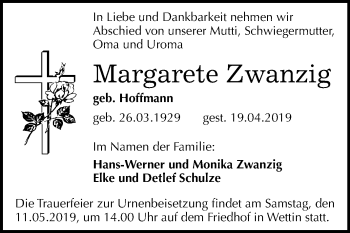 Traueranzeige von Margarete Zwanzig von Mitteldeutsche Zeitung