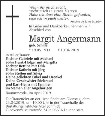 Traueranzeige von Margit Angermann von WVG - Wochenspiegel NMB / WSF / ZTZ
