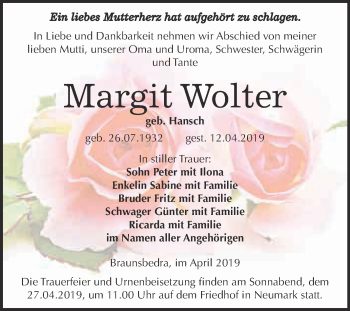 Traueranzeige von Margit Wolter von WVG - Wochenspiegel Merseburg