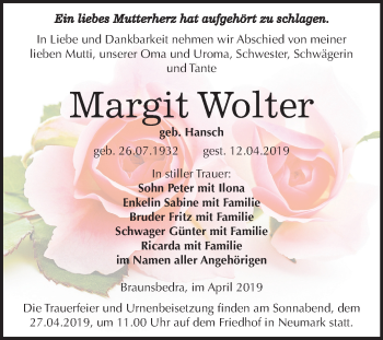 Traueranzeige von Margit Wolter von Mitteldeutsche Zeitung Merseburg/Querfurt