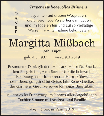 Traueranzeige von Margitta Mißbach von Mitteldeutsche Zeitung Köthen