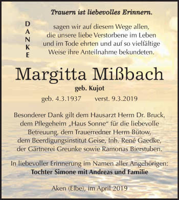Traueranzeige von Margitta Mißbach von WVG - Wochenspiegel Dessau / Köthen