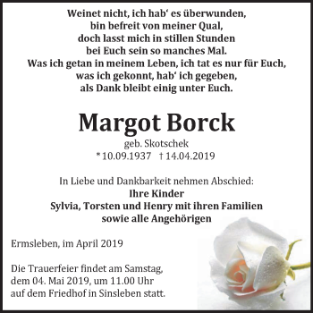 Traueranzeige von Margot Borck von Mitteldeutsche Zeitung Quedlinburg