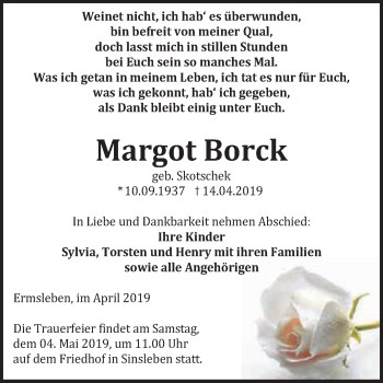 Traueranzeige von Margot Borck von Super Sonntag Aschersleben