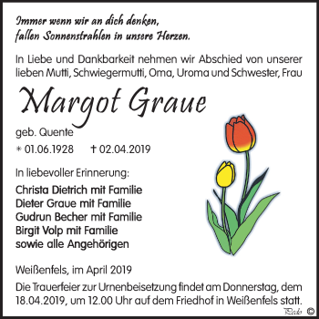 Traueranzeige von Margot Graue von Mitteldeutsche Zeitung Weißenfels