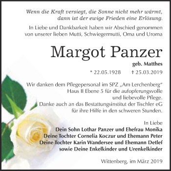 Traueranzeige von Margot Panzer von WVG - Wochenspiegel Wittenberg