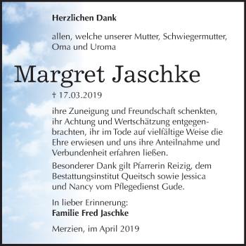 Traueranzeige von Margret Jaschke von Mitteldeutsche Zeitung Köthen